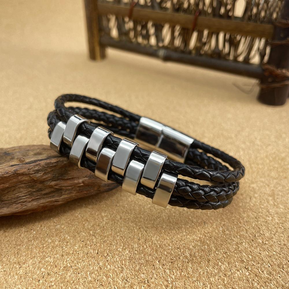 Opk Jewelry Personalized Punk Style Stainless Steel Magnetic Buckle Bracelet Multi-Layer Woven Leather Bracelet Men