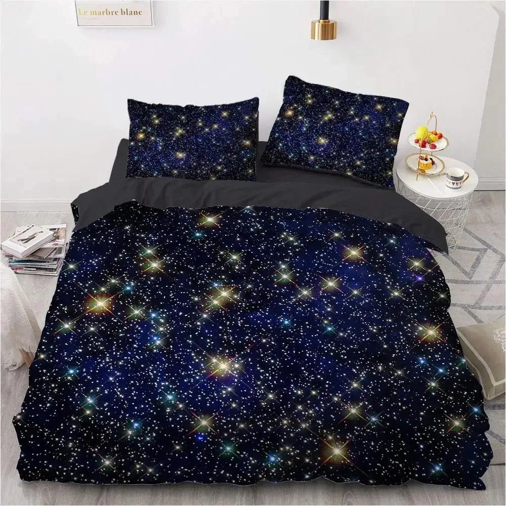 Starry Sky Night Duvet Cover Set Full Queen Size,Cute Star Bedding Sets Black Galaxy Comforter Cover Set with Pillowcases
