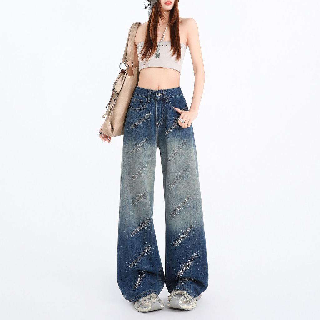 Spring Summer Gradient Color Rhinestone High Waist Relaxed Wide Leg Straight Slim Trendy Denim Casual Pants Female Casual Oversize Denim Trousers