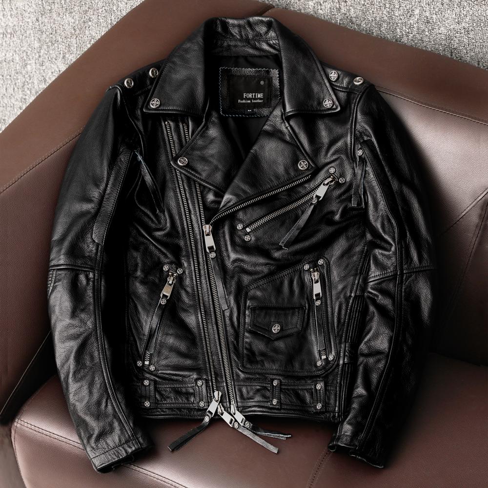 Men Genuine Leather Motorcycle Jacket Heavy Duty Biker Coat with Multiple Zippers