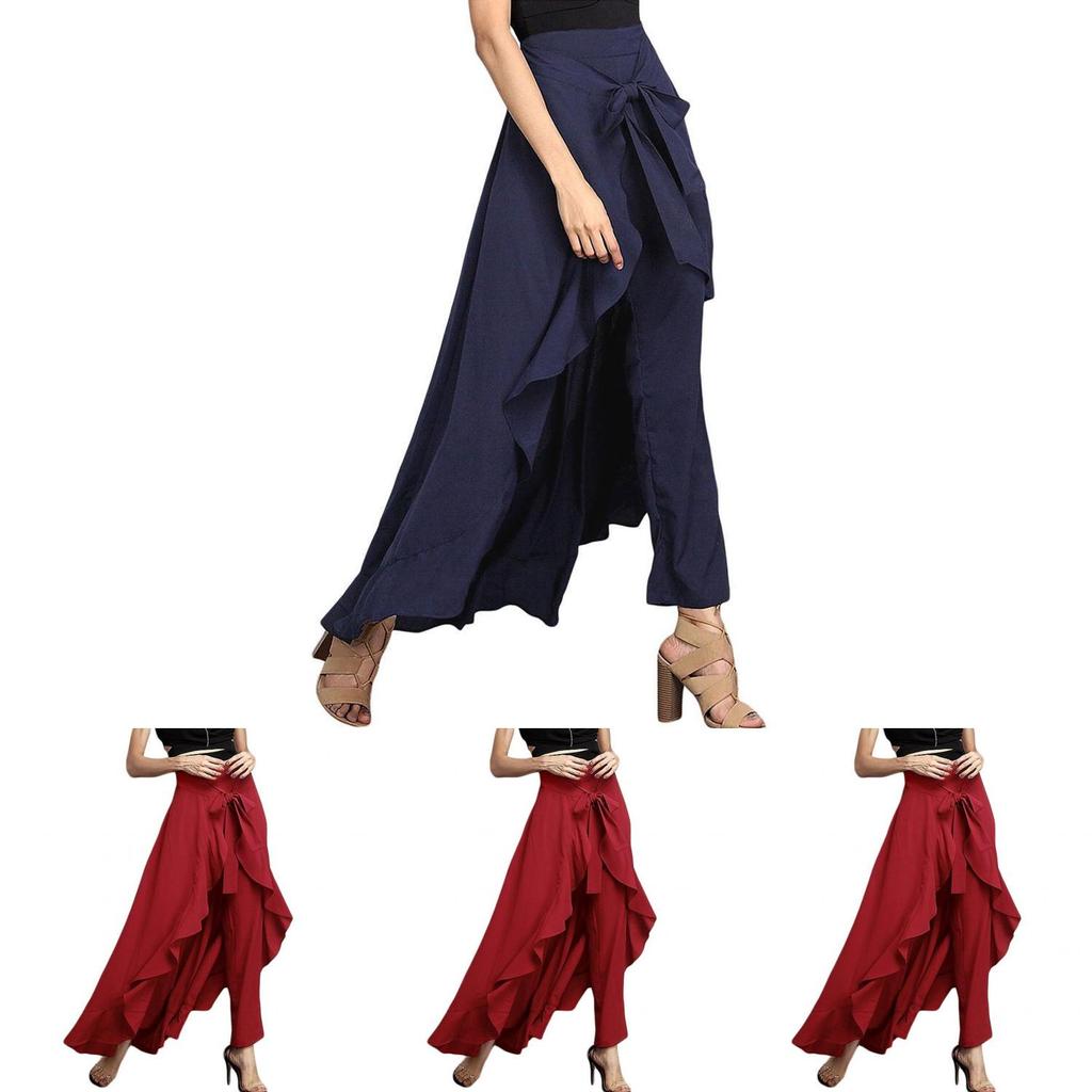 Ankle Women Length Chiffon Tiewaist Ruffle Color Long Palazzo Pure Pants