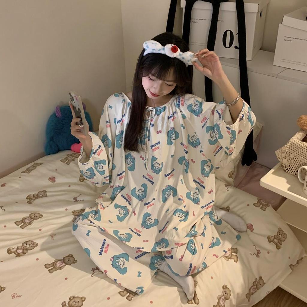 Women's Sweet Pure Cotton Pajama Set - Round Neck, Long Sleeve, Long Pants, Comfortable Home Wear for Spring & Autumn