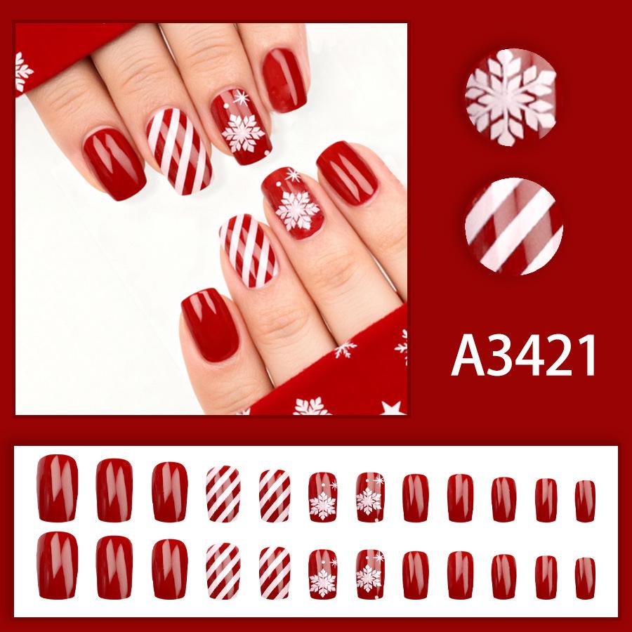 Red Solid Color New Year Snowflake Nail Art Stickers - Short Square Candy Stripes Wearable False Nails