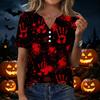 Women's Casual V Neck Short Sleeve Button Front T Shirt Halloween Themed Graphic Print Top Lightweight Comfortable Fit