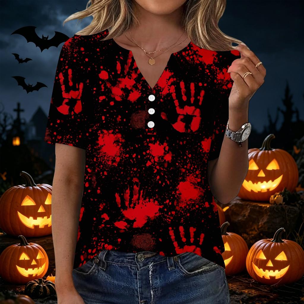 Women's Casual V Neck Short Sleeve Button Front T Shirt Halloween Themed Graphic Print Top Lightweight Comfortable Fit
