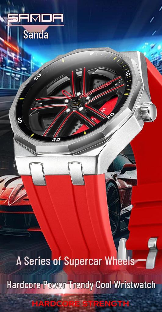 Sanda Men's Waterproof Alloy Car Wheel Design Silicone Wristwatch