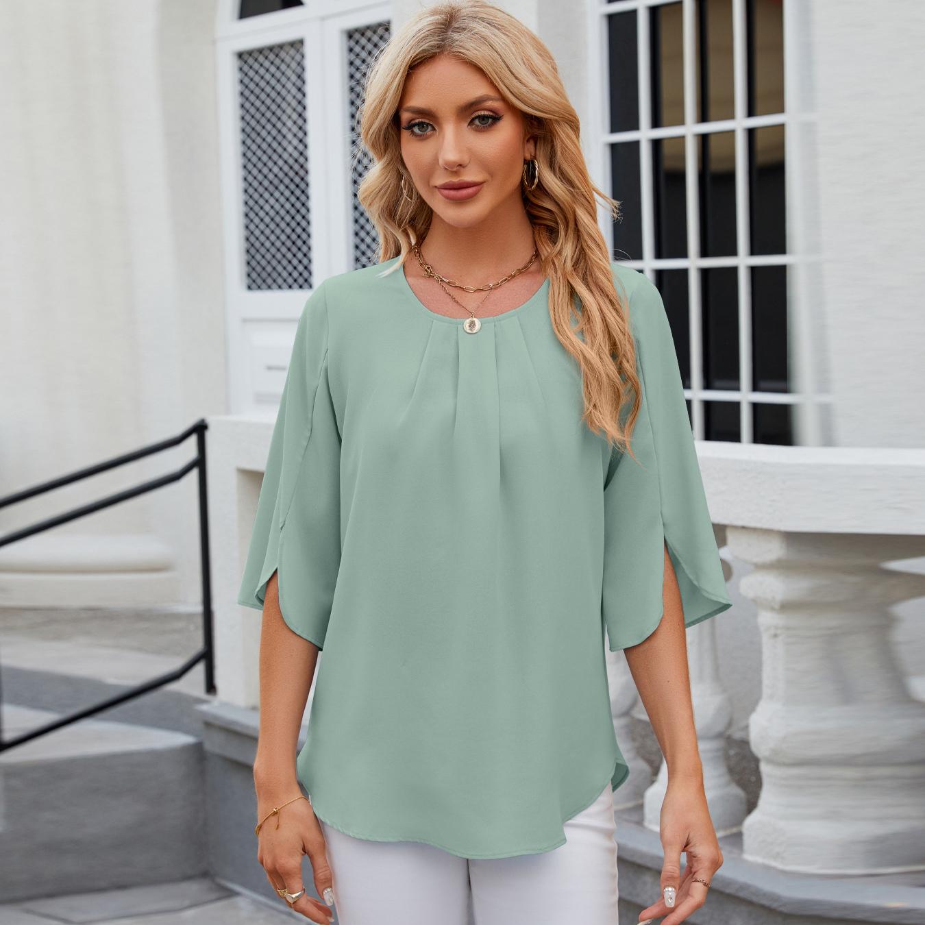 

2024 Повседневная свободная блузка с короткими рукавами и однотонным круглым вырезом для женщин XL зелёный