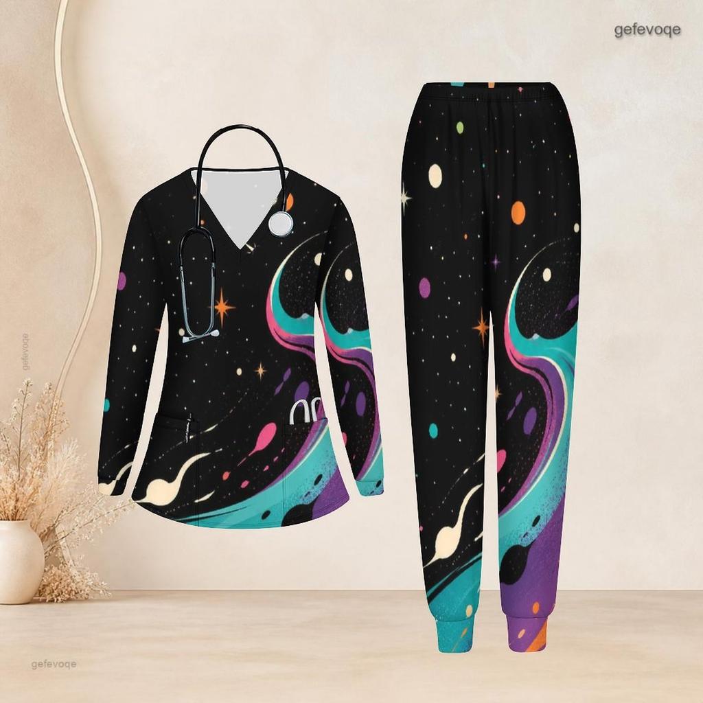 Women Plus Size V Neck Long Sleeve Scrub Set Vintage American Flag Star Stripe Print Nurse Uniform Set
