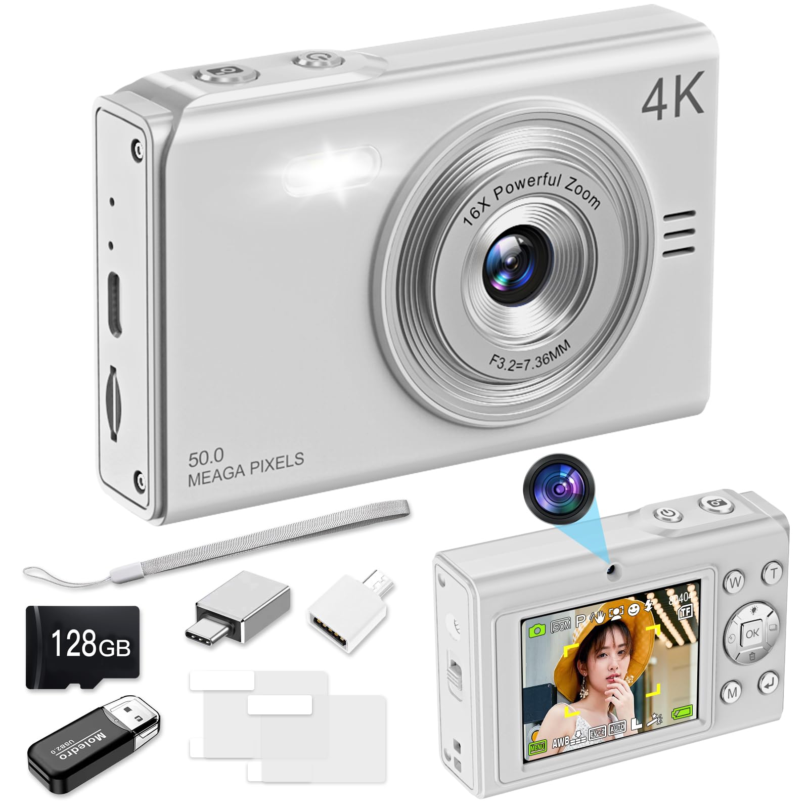 

Moledro 4K Digital Camera, 50MP, Flashlight Function, Dual Cameras, 128GB Micro SD Card, 16x Digital Zoom, Image Stabilization, Face Detection,