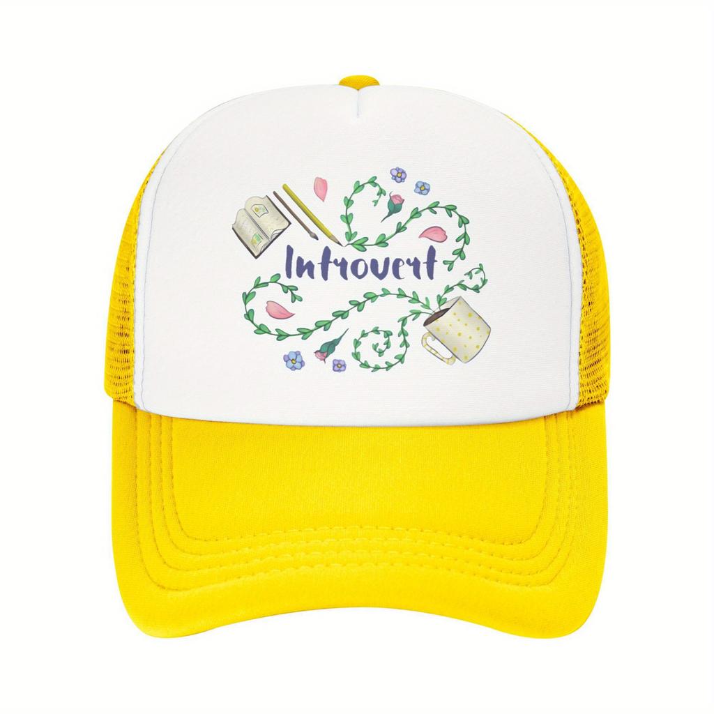 Introvert Floral Design Trucker Hat Polyester Mesh Baseball Cap Casual Unisex Adjustable Headwear