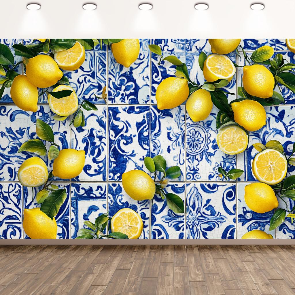 Lemon-themed Party Background - Blue Tile Design, Suitable for Birthday Parties, Shower Parties and Dessert Table Decorations