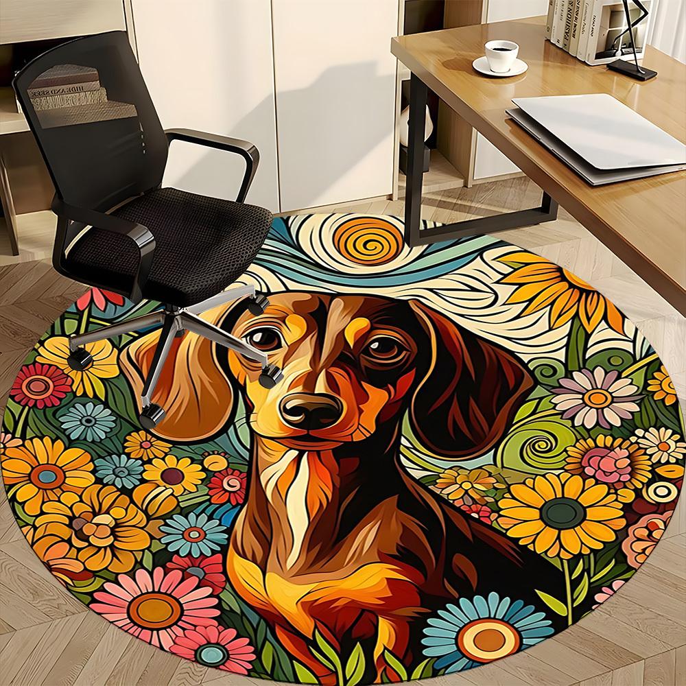 1pc Dachshund Flowers Office Round Rug, Non-slip, Soft and Durable Office Rug for Interior Decoration, Perfect for Office,Decoration Yy260204016