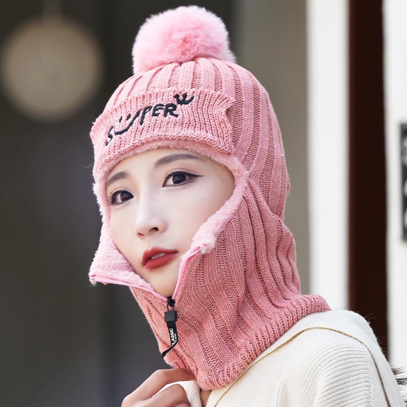 Women's Thickened Wool Knitted Hat In Winter Riding Face Protection Windproof Cold Warm and Fashionable Versatile Cotton Hat