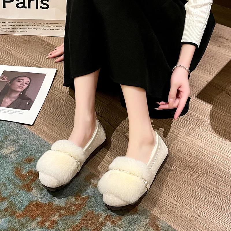 Winter New Flat Beaded Plush Cotton Shoes Women Casual Soft Sole Warm Snow Boots Retro Mary Jane Shoes Non-slip Loafers Sneakers