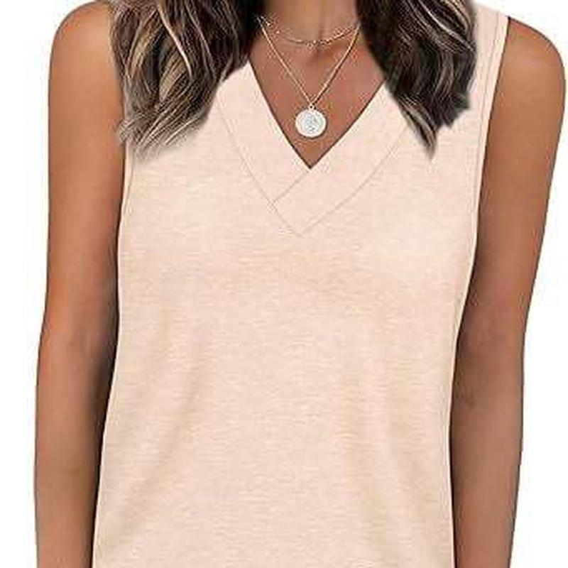 Summer European Style Women V-Neck Casual Loose Fit Solid Color Tank Sleeveless