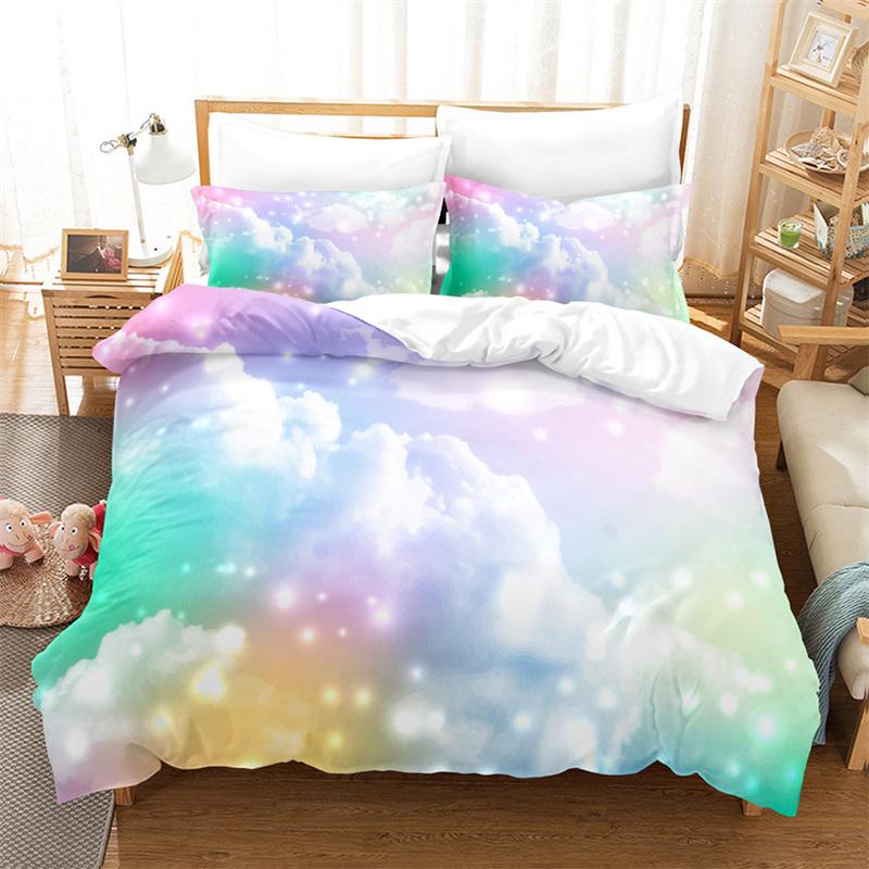 Dream Cloud Bedding Set Rainbow Sky Purple Blue Duvet Cover Queen Microfiber Comforter Cover For Kids Teens Adults Bedroom Decor