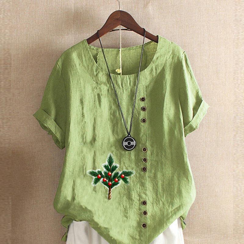 Women's Fashion Round Neck Short Sleeve T-shirt Casual Cotton Linen Graphic Shirt Jingling Bell Prined Summer Blouse Tops Plus Size