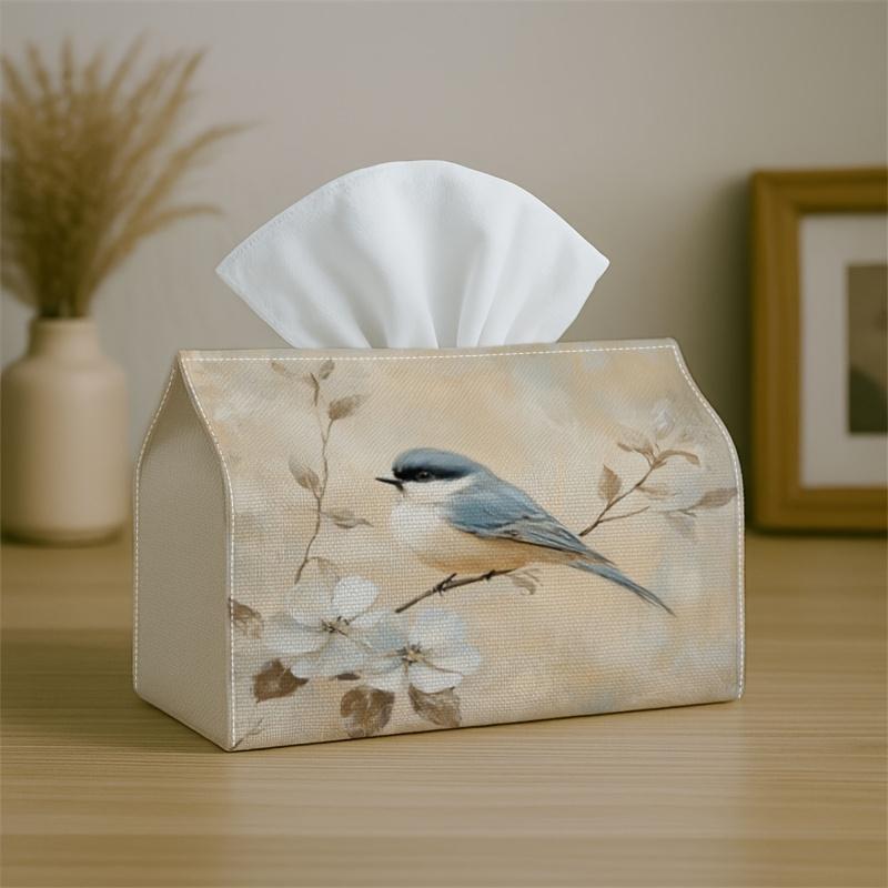 2D Flat,1pc Soft Nature Illustration - Tissue Box, Small Bird on Flowering Branch, Easy to Clean, Outdoor Party Supplies, Everyday Desktop Tissue Stor