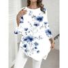 Elegant White Watercolor Blue Floral Print Shirt Women'S 3/4 Flared Sleeve Soft Workwear Top Blouse