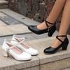 Fashion Women's Medium White Heels Spring Cross Ankle Strap Mary Janes Shoes Black Heeled Office Wedding Dance Shoes Dress Pumps Elegant