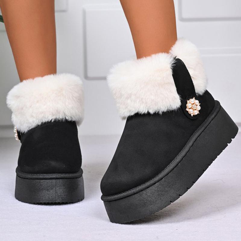Fashion Black Faux Fur Warm Snow Boots for Women Round Toe Platform Snow Boots Woman Winter Pearls Decoration Ankle Booties Mujer