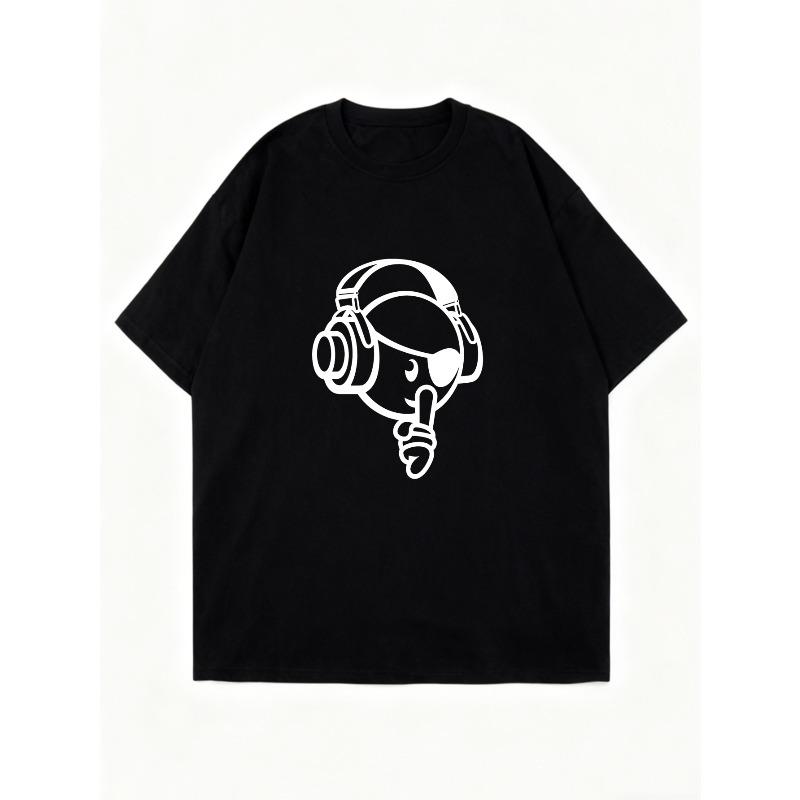 Oversized T Shirt Dress Black Cartoon Astronaut With Headphones And Heart Print Casual Streetwear For Women