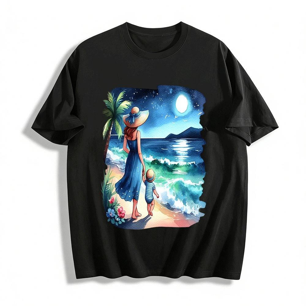 Mother And Toddler Moonlit Beach Stroll Graphic Tee Pure cotton T-shirt XXS