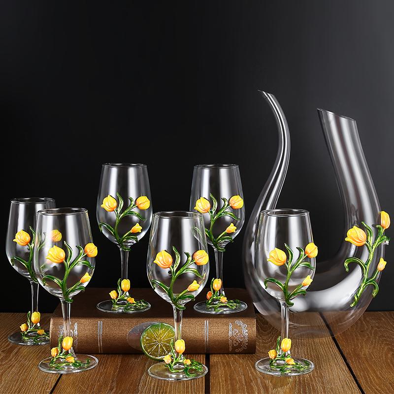 Kovové Skleněné Sklenice na Víno Sada Sklenice na Červené Víno Pohár Karafa Džbán Dávkovač Vína Křišťálové Sklo Sada na Víno Barové Sklo Nápojové Sklo Dárek