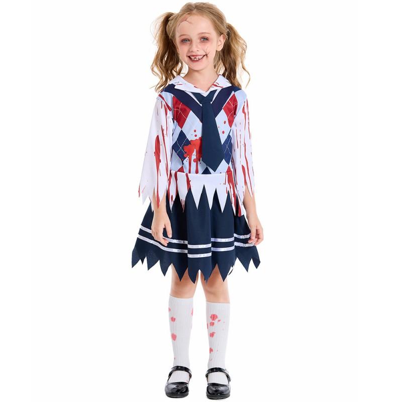 Halloween Costume Girls School Uniform Cosplay Outfit With Blood Stain Design Kids Performance Dress