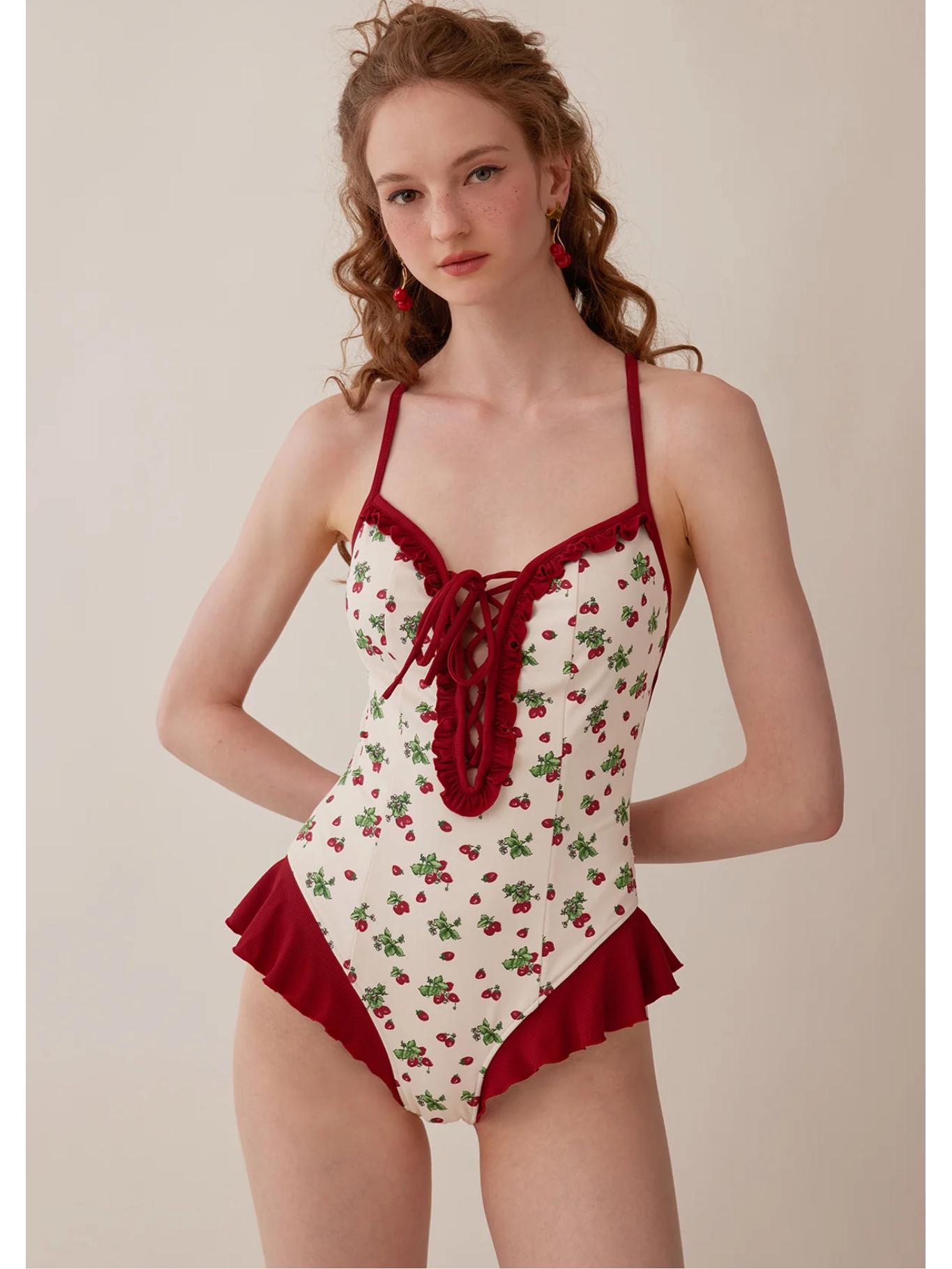 

Милый цветочный комплект бикини из трех частей с юбкой на завязках с открытой спиной для женщин Large