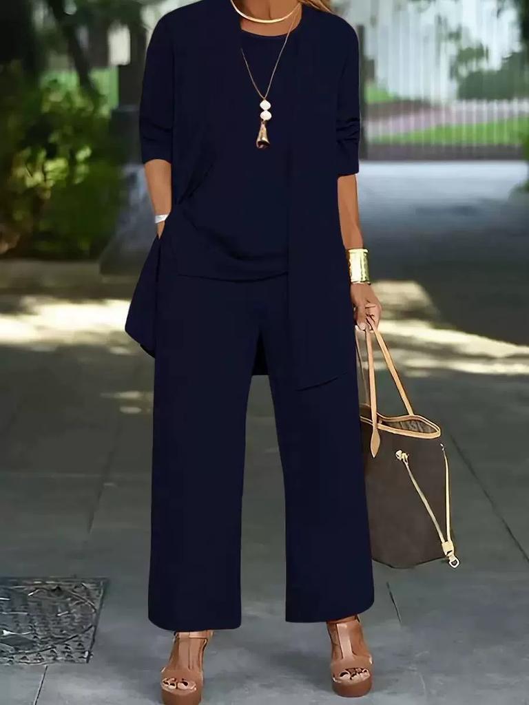 Casual O Neck Vest Cardigan Three Piece Set Elegant Solid Color Loose Pants Outfit Autumn Winter Fashion Women Long Sleeved Suit