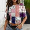Women Crew Neck Pullover Printed Short Sleeve T Shirt Loose Fit Casual Top Patchwork Pattern Soft Comfortable Material