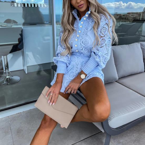 2Pcs/Set Stand Collar Long Sleeve Single Breasted High Waist Women Outfit Embroidery Hollow Lace Shirt Wide Leg Shorts Set