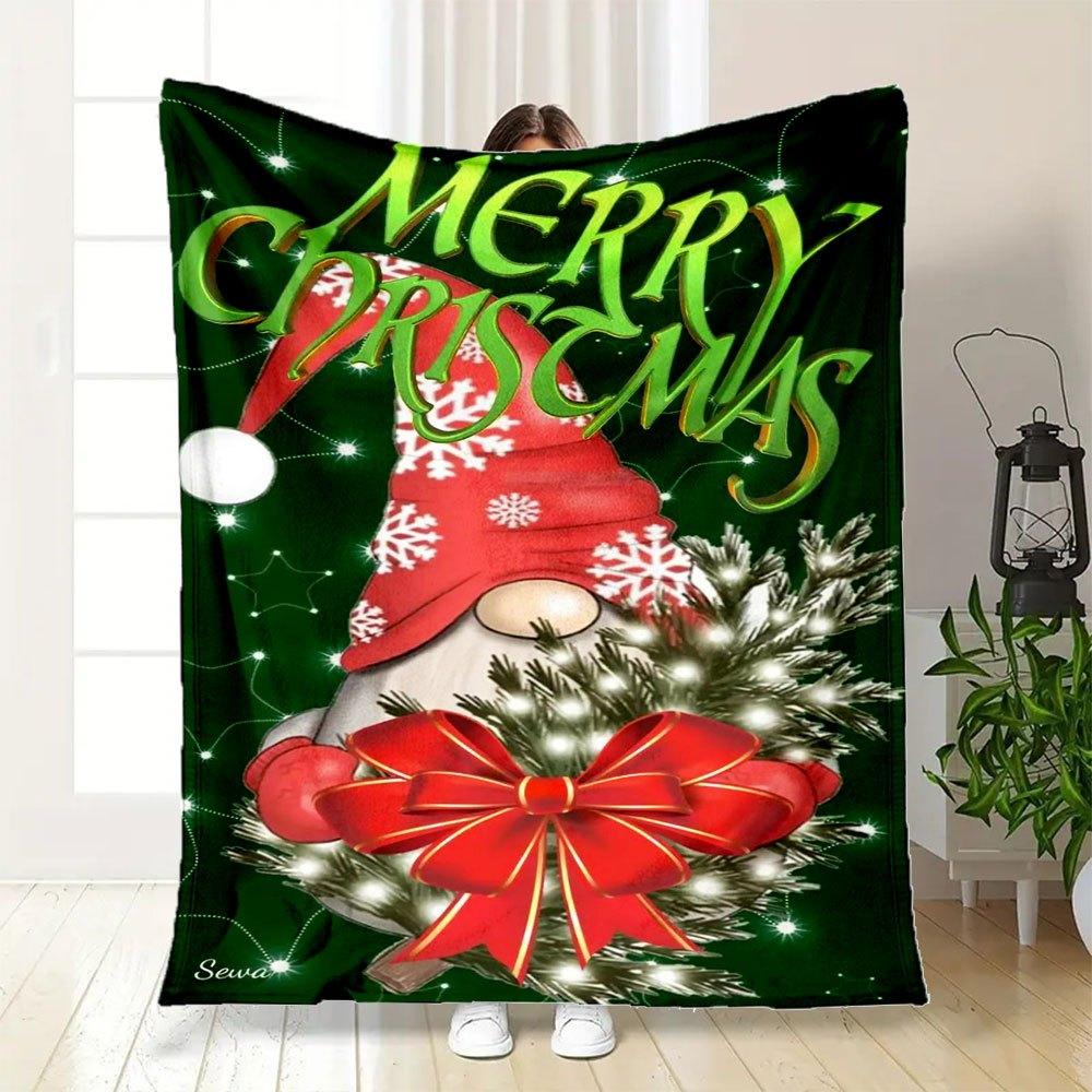 "Merry Christmas Gnome with Red Bow Decoration"Blanket Flannel Throw Blanket for Sofa, Bed, Travel, Camping, Office