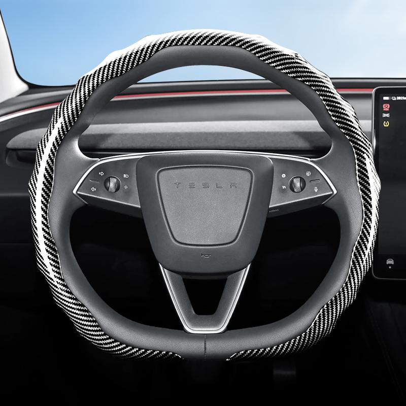 Suitable for Tesla Carbon Fiber Texture Steering Wheel Cover, Snap-On Wave-Shaped Sporty Design, Durable Protective Case Suitable for Model 3 Y S X