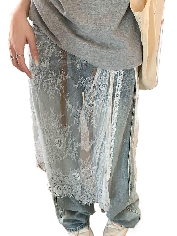 Celebrity-Inspired Floral Lace Layered Midi Skirt with Tie-Up and Split Design