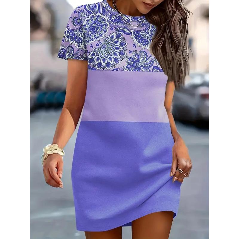 Women's Summer Casual Allover Simple Print O Neck Short Sleeve Dress Shirt Dresses For Women Y2k Ladies Clothes Woman Clothing