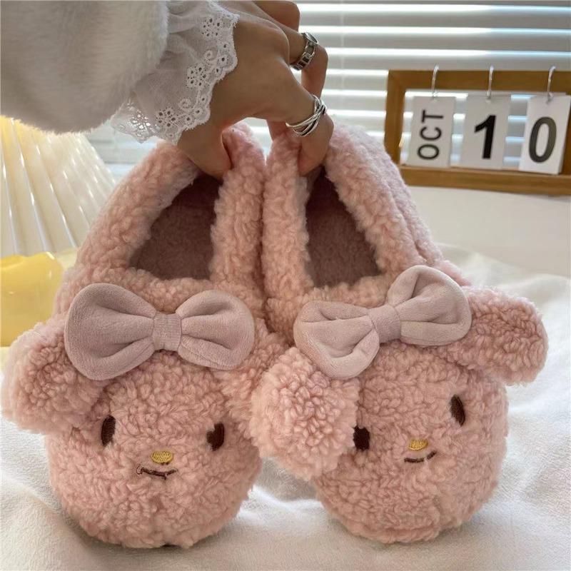 Baumwoll-Schuhbeutel mit Baumwoll-Hausschuhen, süße Wohnkultur für Mädchen im Herbst und Winter, Ins-Stil, haarige Schuhe, Schleife, Hund, Schlafsaal