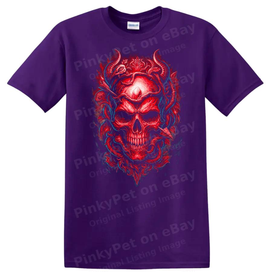 Skull T Shirt Red Crystal Horns Floral Design Cool Graphic Tee