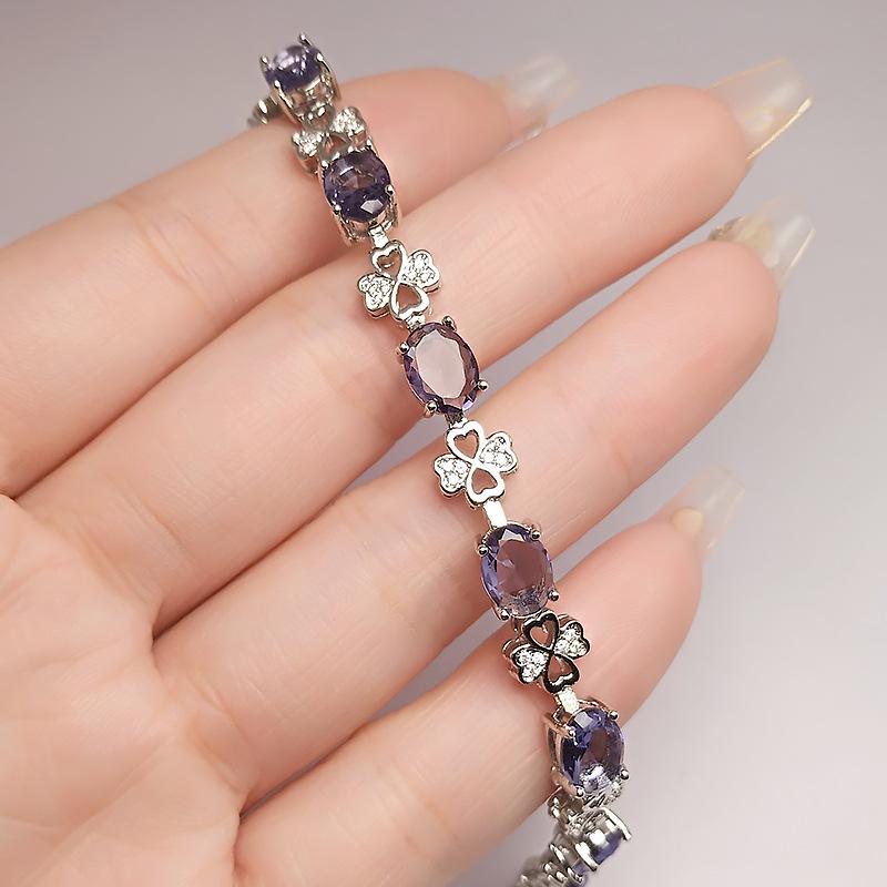 Imitation Amethyst Four-Leaf Clover Bracelet Women'S Platinum-Plated Tanzanite Blue Treasure Bracelet.