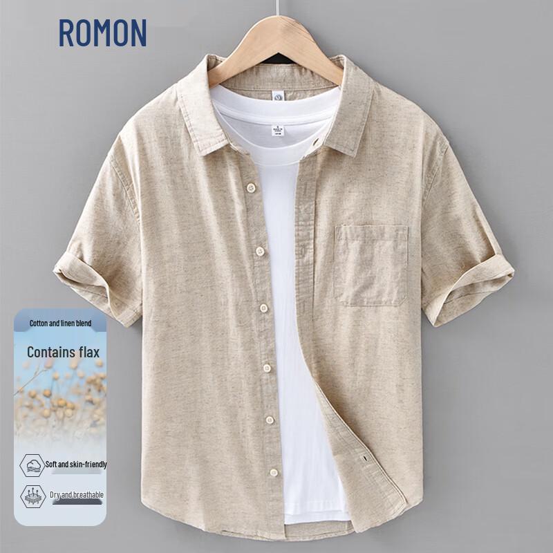 ROMON Men's Linen Blend Short Sleeve Casual Shirt