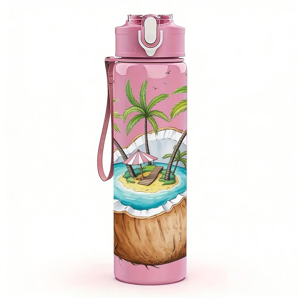 1PC Tropical Coconut Island Palm Tree Print 750ml Color Plastic Sports Water Bottle Leakproof Flip Straw Lid Suitable for Sports Office Home Use