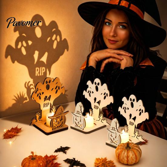 Rustic Log Art Sculpture Halloween Candle Holder, Spooky Pumpkin Bat Shadow Tealight Atmosphere Tabletop Light Vintage Wooden Candlestick Ornament for