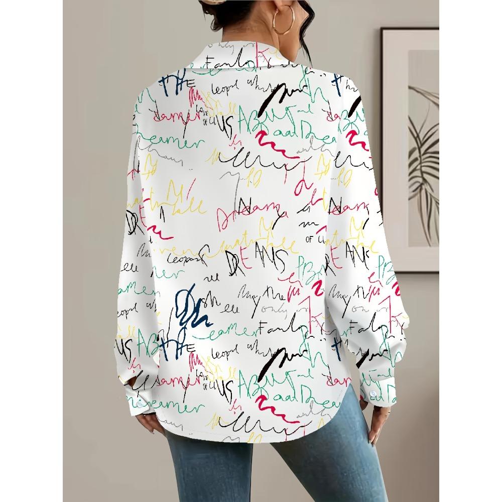 Ladies Elegant Long Sleeve Shirt - Color Letter Print, Single Breasted, Casual Chic Style