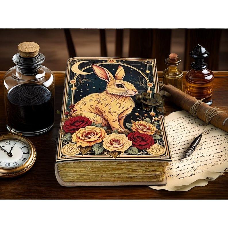 Handmade Leather Journal – Rabbit & Roses • Travel Diary / Sketchbook • Gift for Animal Lover
