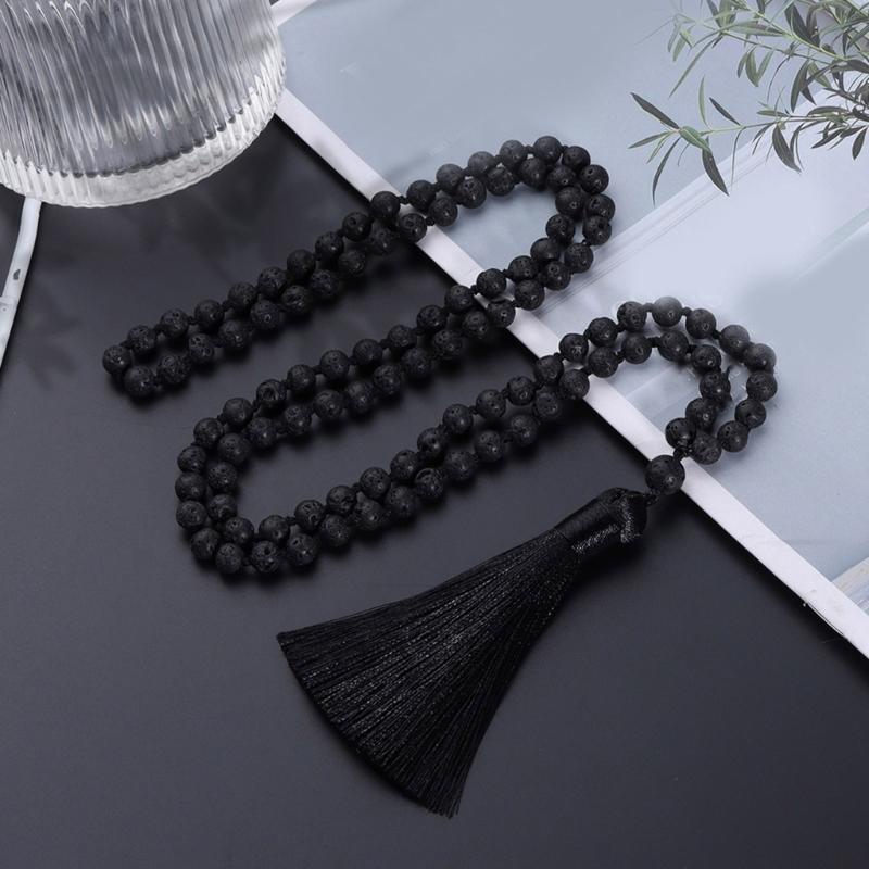 Hand Knotted Beads Necklace with Natural Stone Tassels Spiritual Jewelry Prayer Necklace for Everyday Wear and Rituals