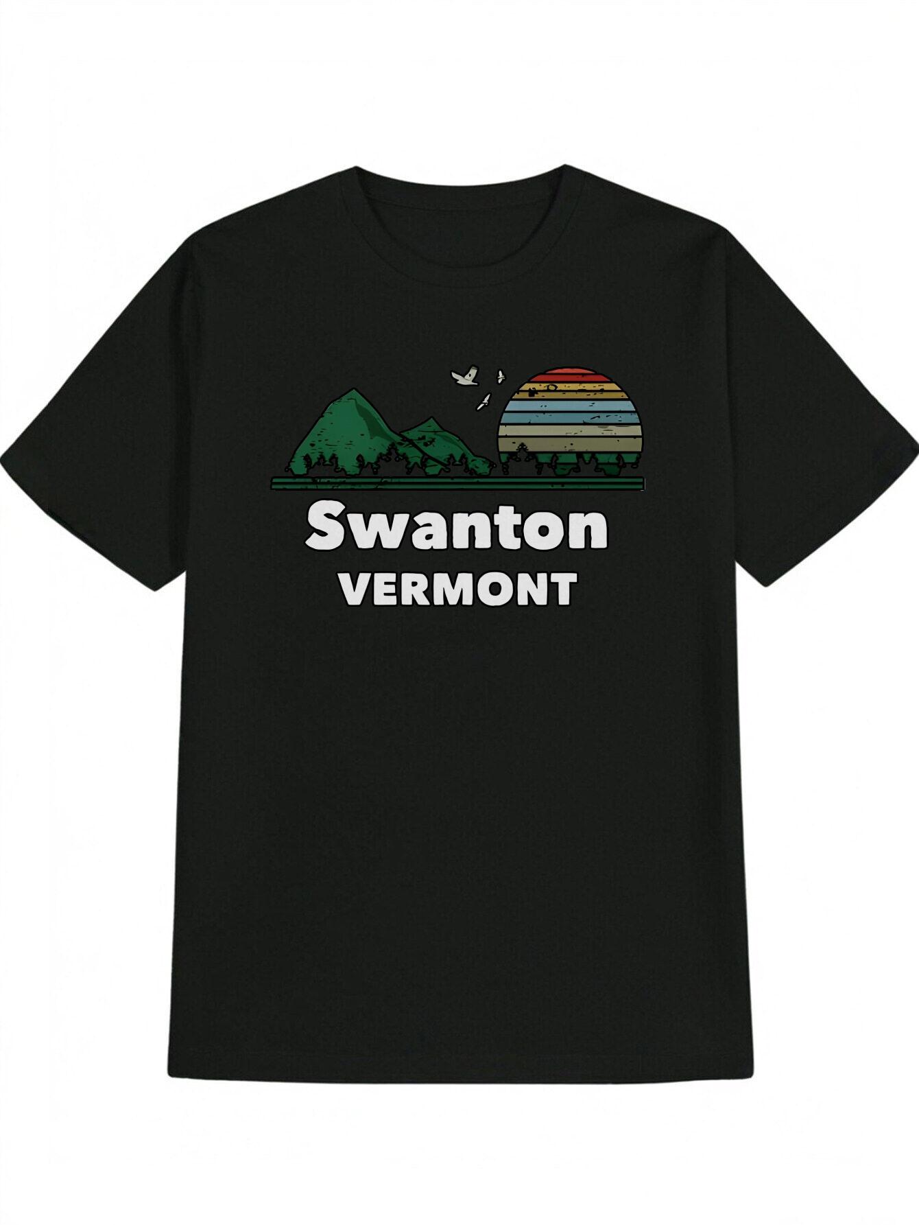 Casual Short Sleeve T-shirt - Black Swan Mountain Vermont Landscape Print M