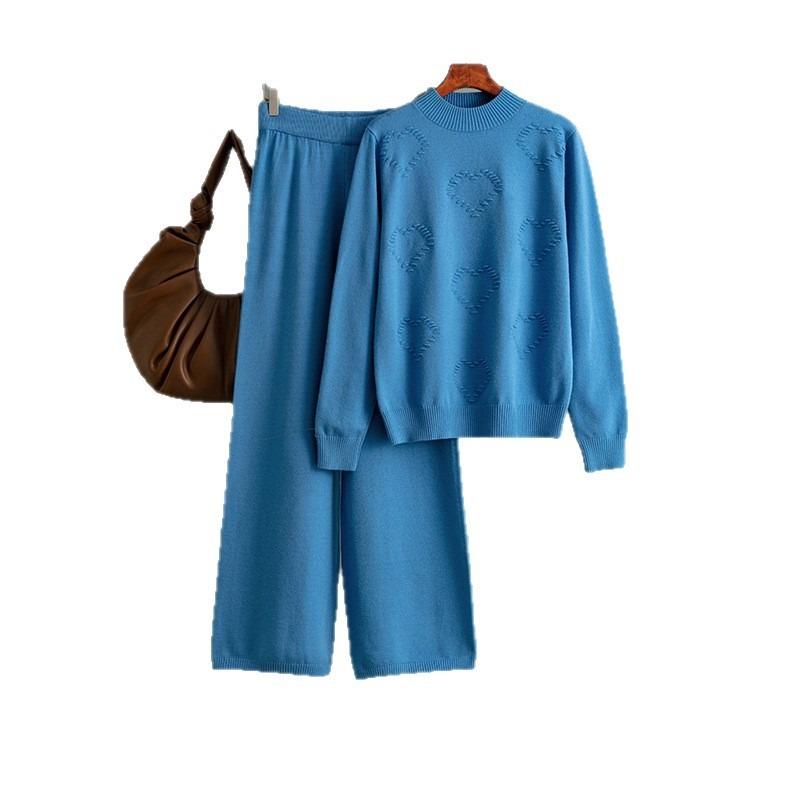 Half Turtleneck Sweater Love Fashion Suit Women + Solid Color Casual Pants Wide Leg Pants Two-piece Set