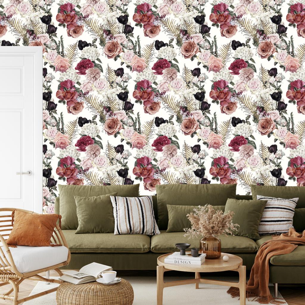 Roses with Fern Leaves Wallpaper for Living Room and Bedroom 50x1000