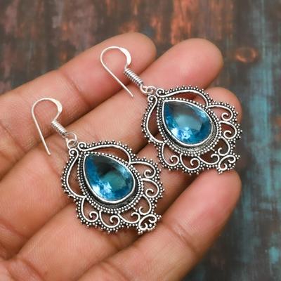 Orecchino in argento sterling massiccio 925 con pietre preziose svizzere topazio blu fatto a mano